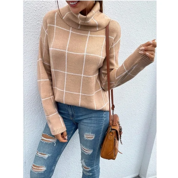 Tan Grid Printed Long Sweater Plaid Pattern Split Sides Pullover Turtleneck - Picture 7 of 12